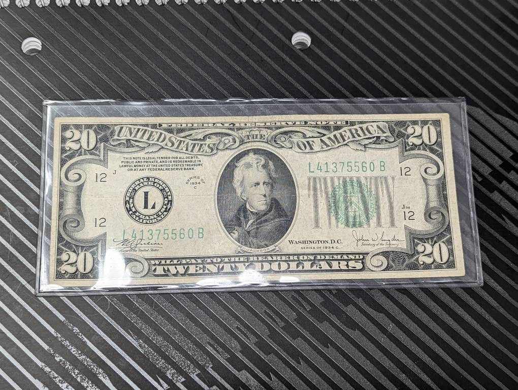 1934a lime green seal 20 dollar bill high grade, nice condition antique paper money