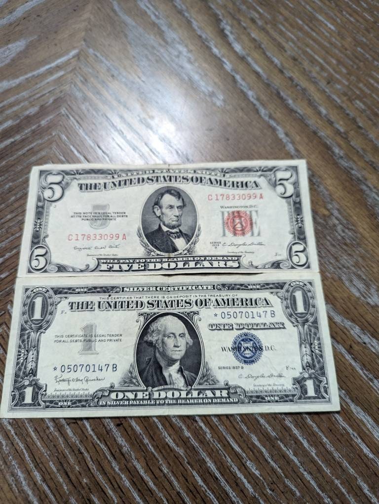 1957 choice high grade one dollar star note  silver certificate, 1953b five dollar bill plus bonus