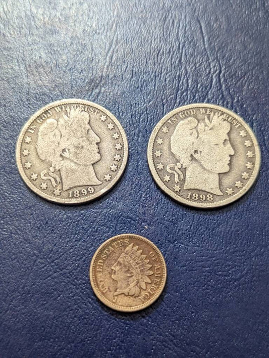 Two 1800s barber half dollar lot, plus bonus 1860 Indian head cent