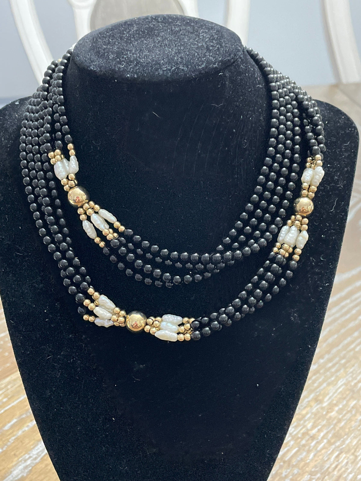 14k yellow gold 30 inch Gold,Pearl,Onyx Necklace statement necklace