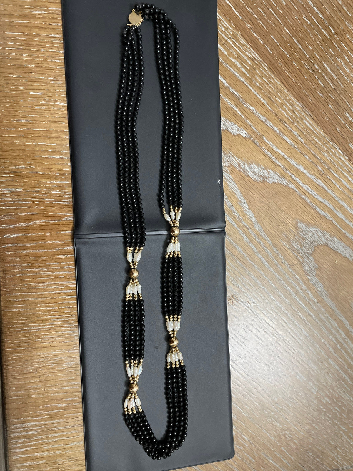 14k yellow gold 30 inch Gold,Pearl,Onyx Necklace statement necklace