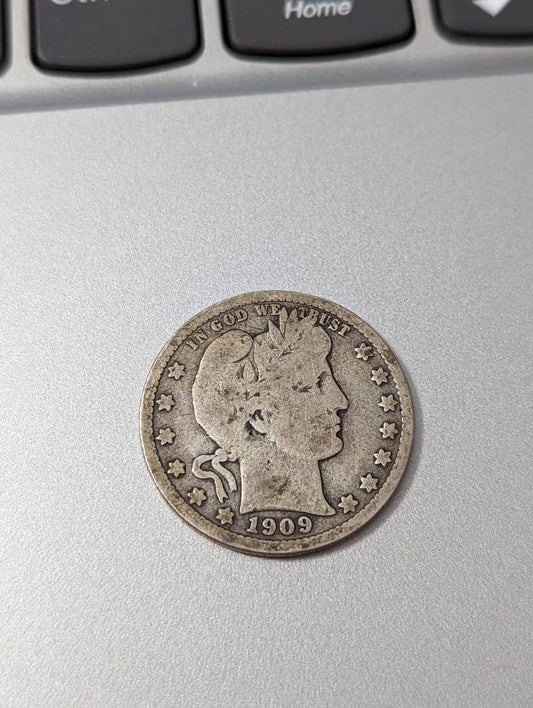 1909d barber silver quarter coin,  better date, nice condition,  antique American coin